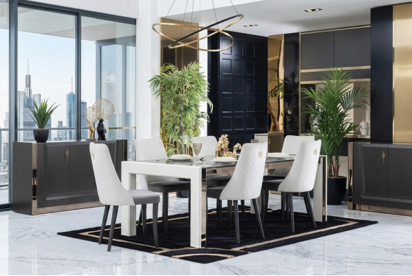 Conception de tables de luxe Salle à manger Meubles italiens Table Fauteuil 6x Chaises neuves
