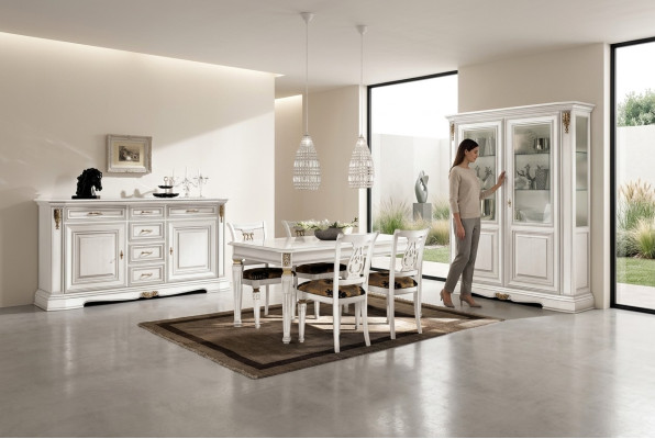 Salle à manger Table à manger Chaise Commode Vitrine Groupe Ensemble en bois Blanc 7 pièces neuf