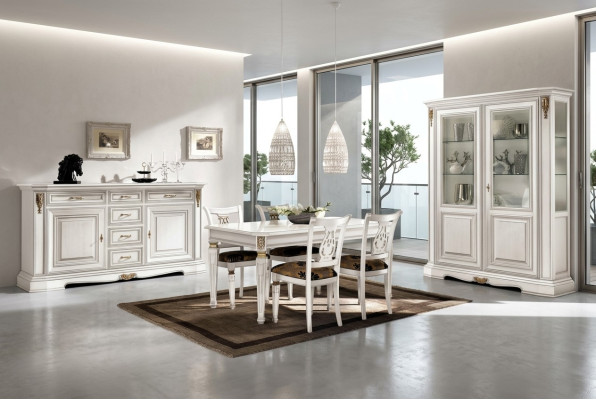 Salle à manger Table à manger Chaise Commode Vitrine Groupe Ensemble en bois Blanc 7 pièces neuf