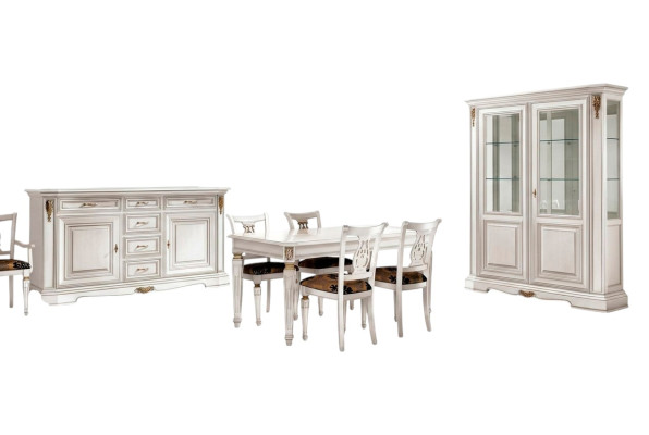 Salle à manger Table à manger Chaise Commode Vitrine Groupe Ensemble en bois Blanc 7 pièces neuf