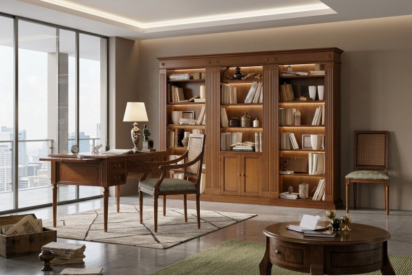 Bureau et chaise en bois avec accoudoirs Étagère de livres Mobilier de bureau Design 3 pièces