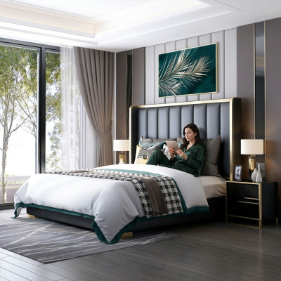 Chambre à coucher de luxe Lit en cuir italien Lits doubles Rembourrage en métal