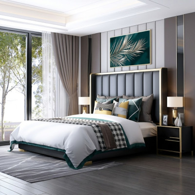 Chambre à coucher de luxe Lit en cuir italien Lits doubles Rembourrage en métal