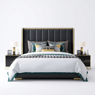 Chambre à coucher de luxe Lit en cuir italien Lits doubles Rembourrage en métal