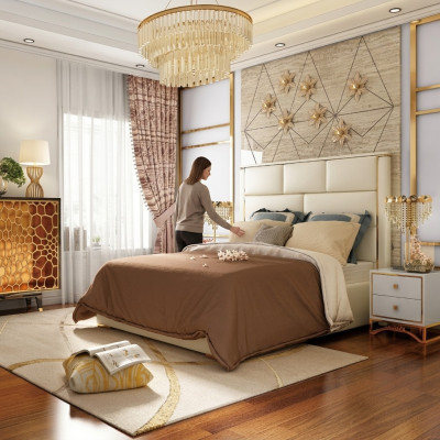 Designer Lit Double Hôtel Chambre de Luxe 180x200cm Cuir Métal