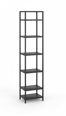 Étagère en verre et métal debout avec tablette en design moderne dans le salon noir.