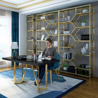 Ensemble de bureau de luxe en acier inoxydable, table métallique et armoire. Groupement de 5 pièces. Suite de bureau