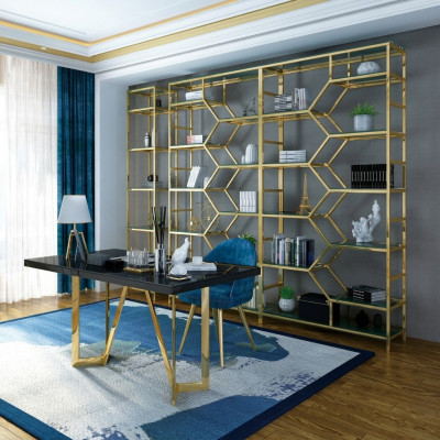 Ensemble de bureau de luxe en acier inoxydable, table métallique et armoire. Groupement de 5 pièces. Suite de bureau