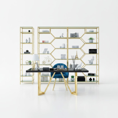 Ensemble de bureau de luxe en acier inoxydable, table métallique et armoire. Groupement de 5 pièces. Suite de bureau