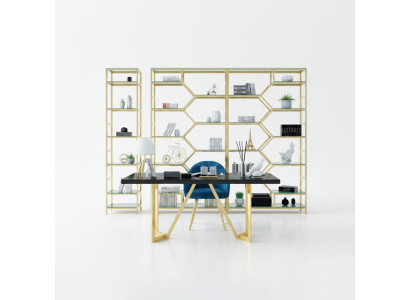 Ensemble de bureau de luxe en acier inoxydable, table métallique et armoire. Groupement de 5 pièces. Suite de bureau