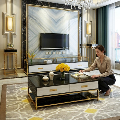 Table basse en métal de luxe Or Noir Brillant Canapé Table de salon