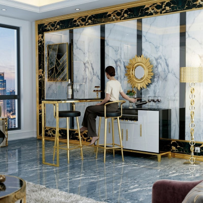 De luxe en acier inoxydable Glass House Bar 4 pièces. Ensemble de table de bar 2x tabourets de bar armoire