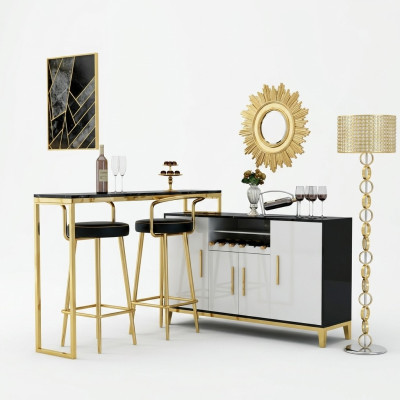 De luxe en acier inoxydable Glass House Bar 4 pièces. Ensemble de table de bar 2x tabourets de bar armoire