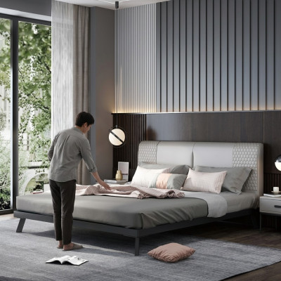 Lit en cuir de luxe avec structure en métal doré, rembourrage pour hôtel, 180x200cm, gris.