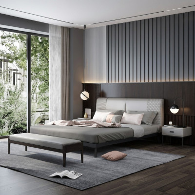 Lit en cuir de luxe avec structure en métal doré, rembourrage pour hôtel, 180x200cm, gris.