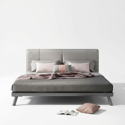 Lit en cuir de luxe avec structure en métal doré, rembourrage pour hôtel, 180x200cm, gris.