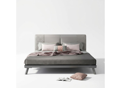 Lit en cuir de luxe avec structure en métal doré, rembourrage pour hôtel, 180x200cm, gris.