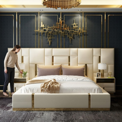 Hôtel Lit Luxe Design Lits Rembourrage Décoration Métal Cuir Chambre XXL