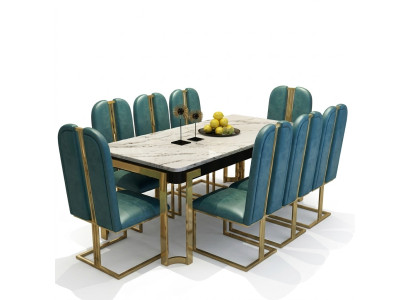 Acier inoxydable Table d'imitation de marbre + Groupe de salle à manger 8 chaises Lehn
