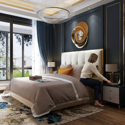 Design de lit en cuir de luxe Lits en métal doré Chambre d'hôtel avec rembourrage en cuir