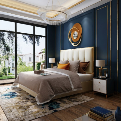 Design de lit en cuir de luxe Lits en métal doré Chambre d'hôtel avec rembourrage en cuir