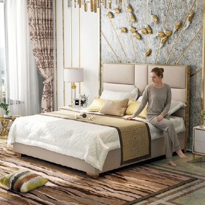 Lit en cuir de design de luxe, lits en métal doré pour hôtel avec tapisserie 180x200cm