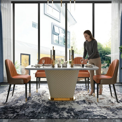 Table à manger de luxe Cuir + acier inoxydable Table en imitation marbre en pierre Salle à manger