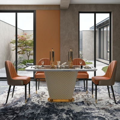 Table à manger de luxe Cuir + acier inoxydable Table en imitation marbre en pierre Salle à manger