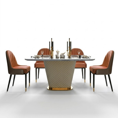Table à manger de luxe Cuir + acier inoxydable Table en imitation marbre en pierre Salle à manger