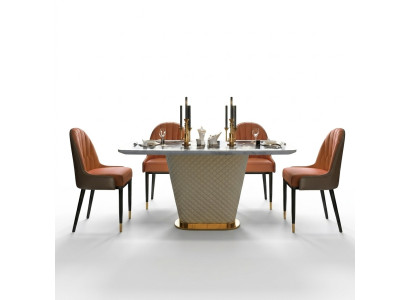Table à manger de luxe Cuir + acier inoxydable Table en imitation marbre en pierre Salle à manger