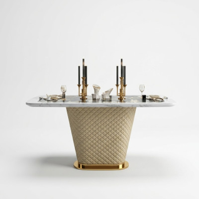 Salle à manger de designer de luxe avec table à manger ronde et 4 chaises inclinables en métal.