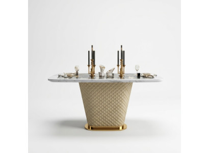 Salle à manger de designer de luxe avec table à manger ronde et 4 chaises inclinables en métal.