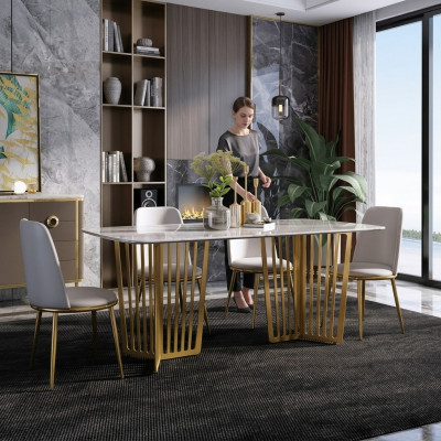 Table à manger de luxe Cuir + acier inoxydable Imitation de marbre Table en pierre Salle à manger
