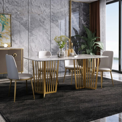 Table à manger de luxe Cuir + acier inoxydable Imitation de marbre Table en pierre Salle à manger