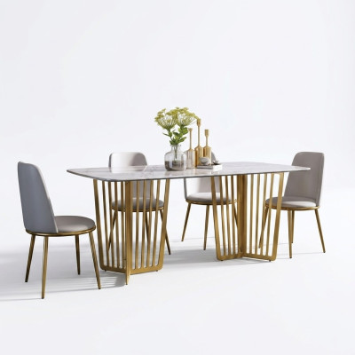 Table à manger de luxe Cuir + acier inoxydable Imitation de marbre Table en pierre Salle à manger