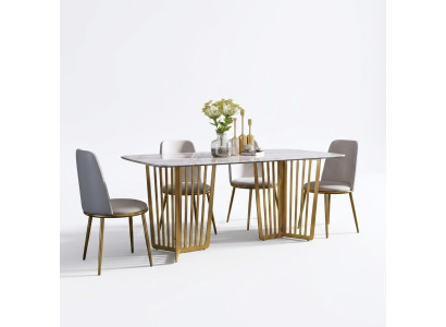 Table à manger de luxe Cuir + acier inoxydable Imitation de marbre Table en pierre Salle à manger
