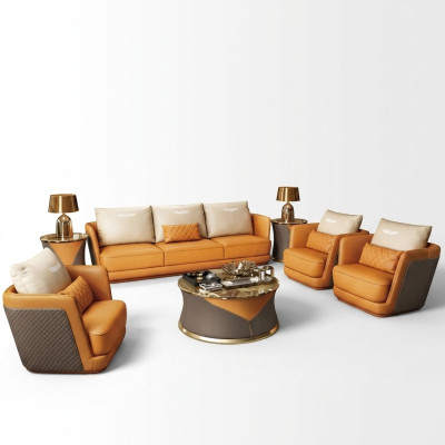 Ensemble de salon de luxe noble de sept pièces avec canapé, canapé, et tapisserie.