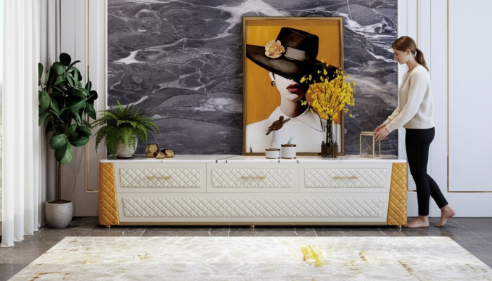 Sideboard TV Lowboard Meuble TV Armoire XXL Table en bois Marbre de salon