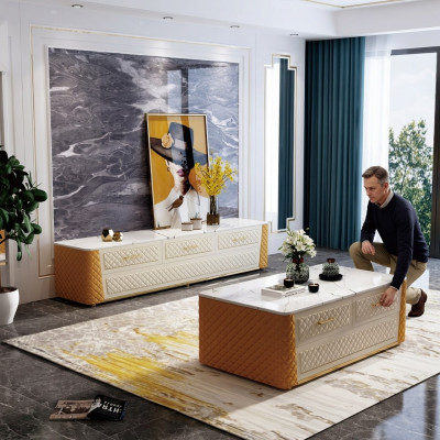Table basse ovale design pour salon Table en imitation marbre et cuir