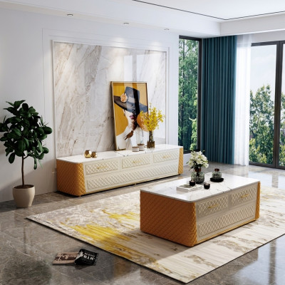 Table basse ovale design pour salon Table en imitation marbre et cuir