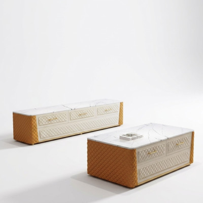 Table basse ovale design pour salon Table en imitation marbre et cuir