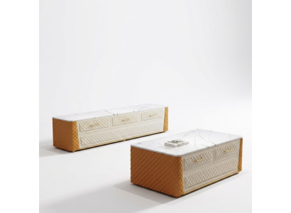 Table basse ovale design pour salon Table en imitation marbre et cuir