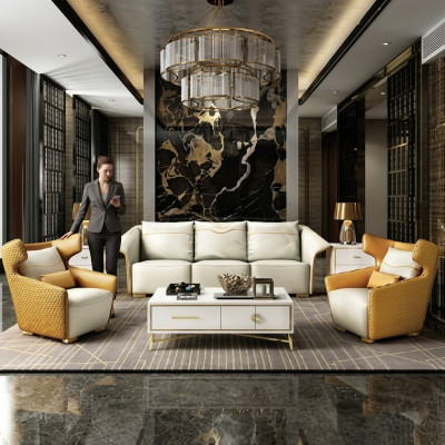 Meubles de luxe Ensemble de canapés Canapé Rembourrage 3+1+1 Canapés Jaune Designer