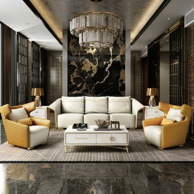 Meubles de luxe Ensemble de canapés Canapé Rembourrage 3+1+1 Canapés Jaune Designer