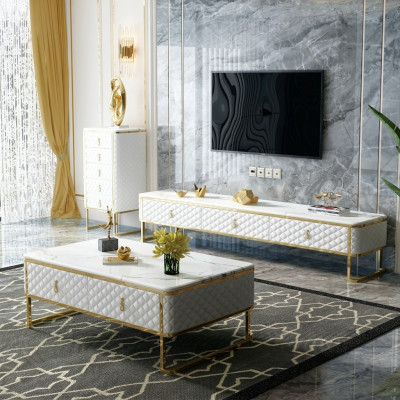 Table basse Table d'appoint en verre de designer imitation marbre en acier inoxydable