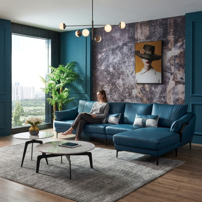 Paysage vivant Canapé d'angle en forme de L Fauteuil Ensemble Suite Canapé moderne Bleu