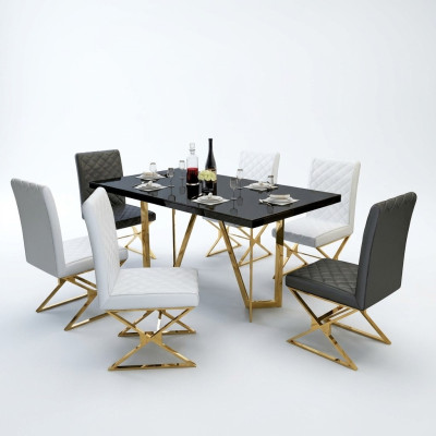 Table de salle à manger moderne en acier inoxydable, ensemble de meubles, table en verre, 6 chaises avec accoudoirs