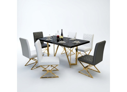 Table de salle à manger moderne en acier inoxydable, ensemble de meubles, table en verre, 6 chaises avec accoudoirs