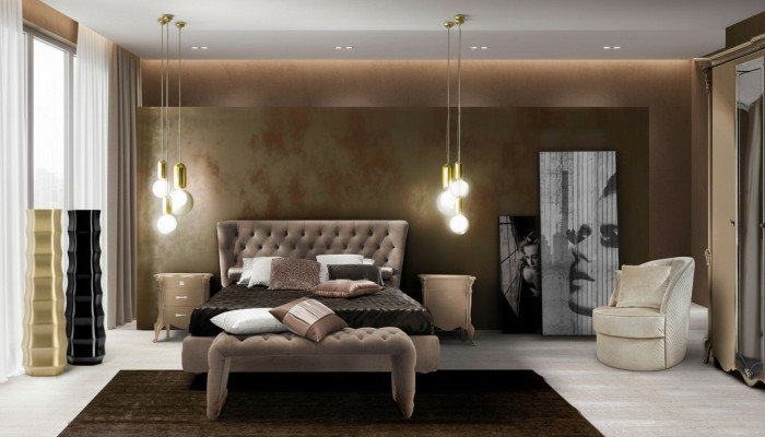 Ensemble de chambre à coucher de luxe 4 pièces. Lit + 2x Table de chevet + Tabouret Lits de design moderne en bois massif