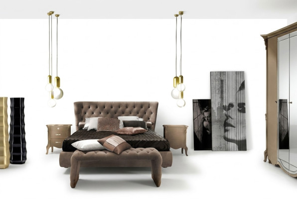 Ensemble de chambre à coucher de luxe 4 pièces. Lit + 2x Table de chevet + Tabouret Lits de design moderne en bois massif
